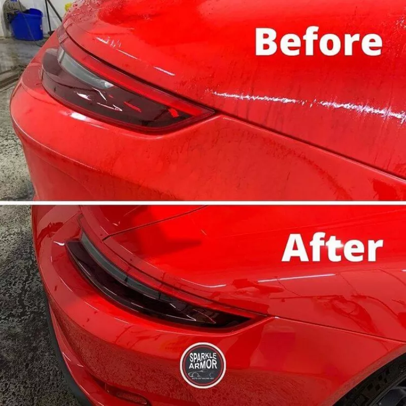 Before and after car detailing in Markham showing a significant improvement in the car's appearance