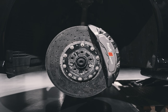High performance brake caliper on sports car wheel
